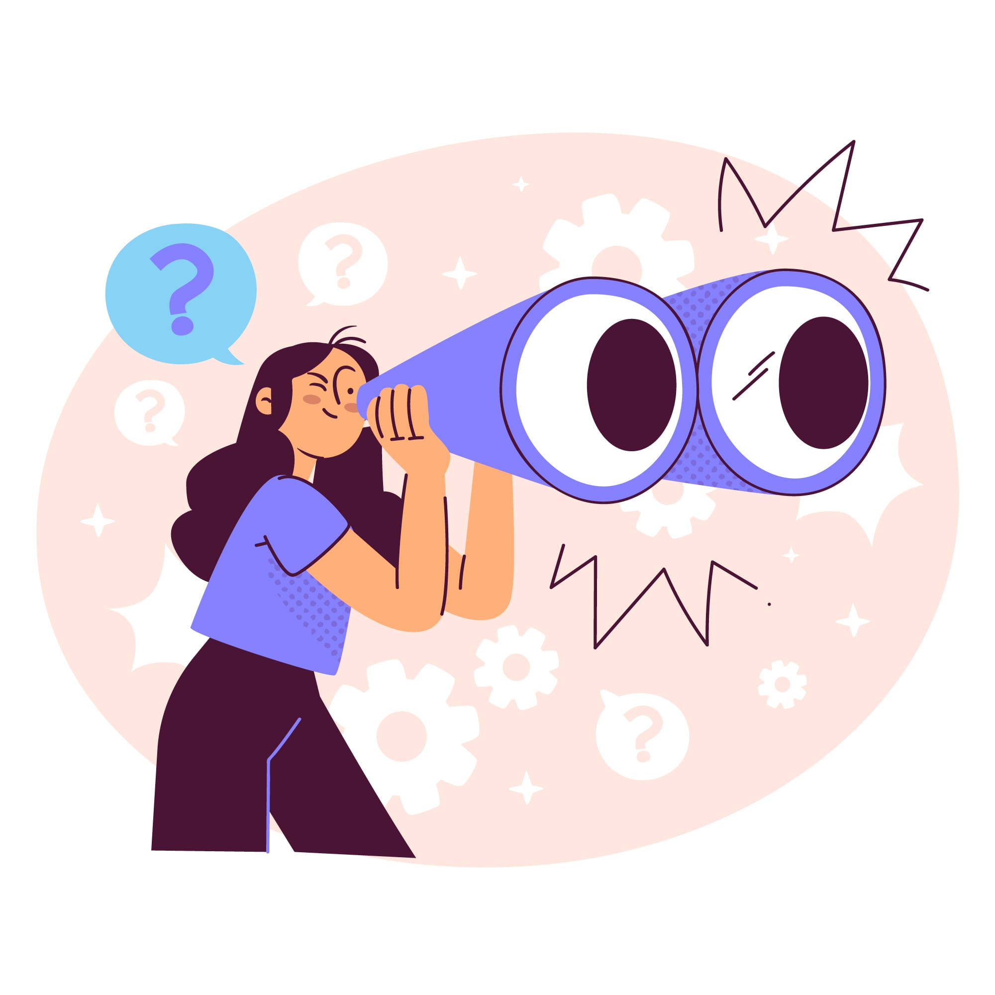 Personnage regardant à travers des jumelles et se posant des questions. Les jumelles représante a recherche de réponse aux questions qu'il se pose.